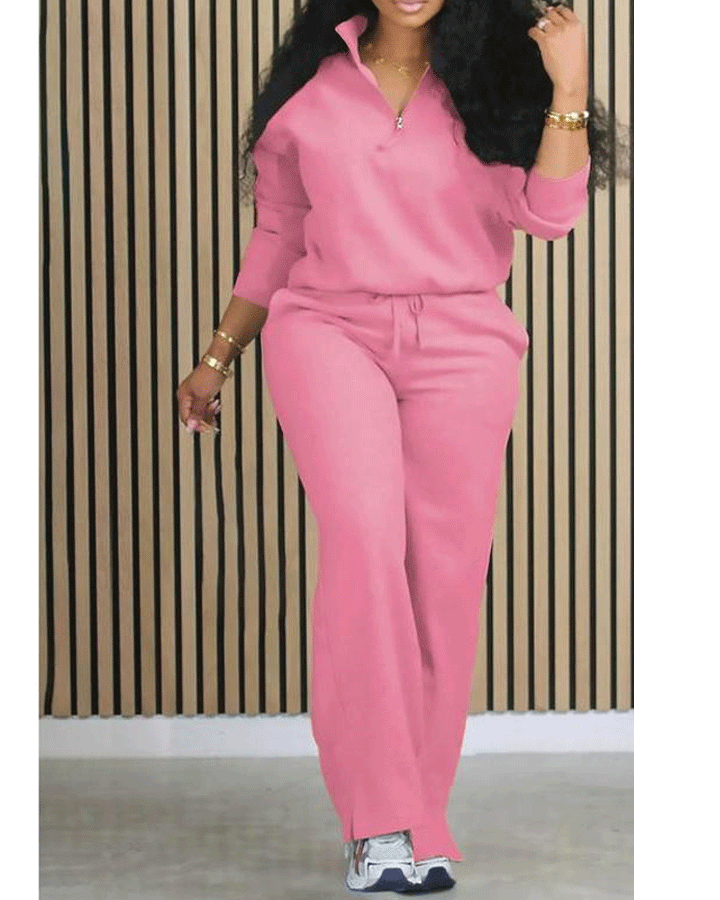 Women's Solid Half Placket Split Hem Pants Set