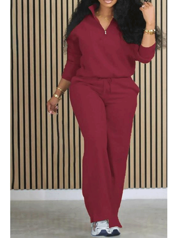 Women's Solid Half Placket Split Hem Pants Set