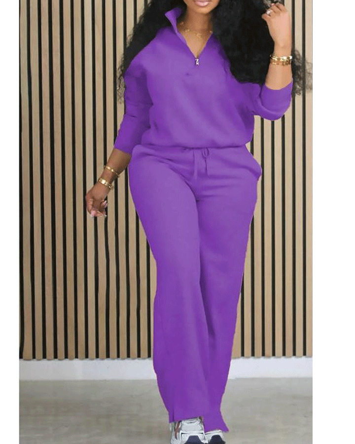 Women's Solid Half Placket Split Hem Pants Set