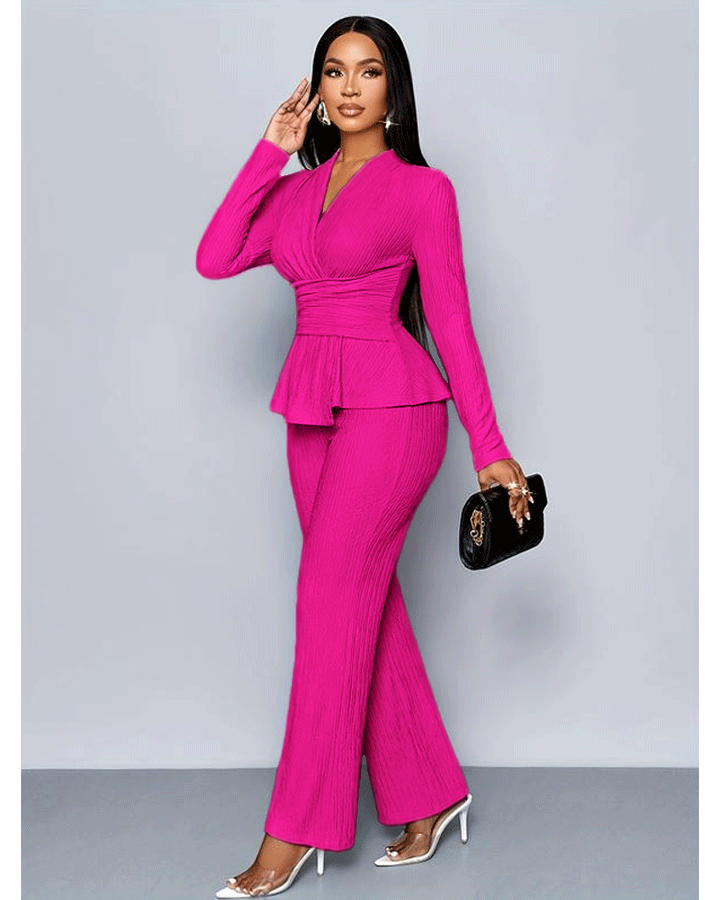 Women's Apricot Color Elegant V Neck Long Sleeve T-Shirt And Wide Leg Pants Two Piece Set 124697734