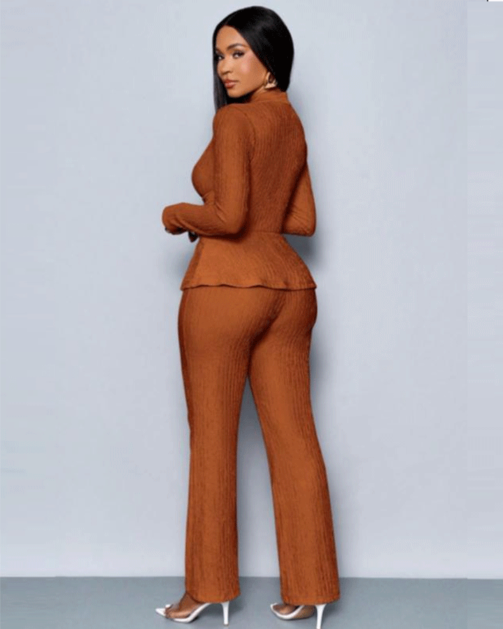 Women's Apricot Color Elegant V Neck Long Sleeve T-Shirt And Wide Leg Pants Two Piece Set 124697734