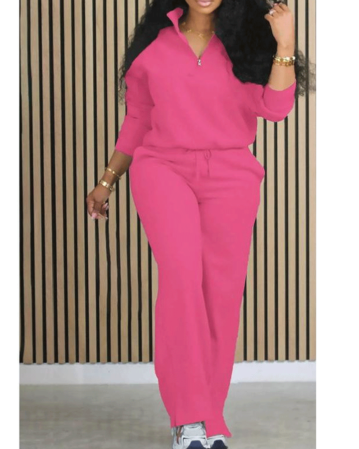 Women's Solid Half Placket Split Hem Pants Set