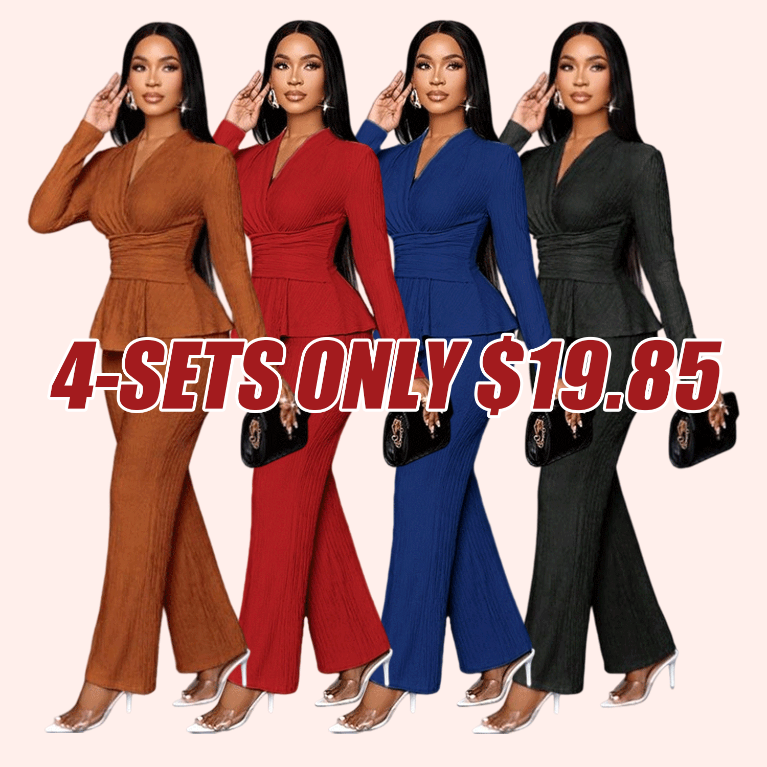 Women's Apricot Color Elegant V Neck Long Sleeve T-Shirt And Wide Leg Pants Two Piece Set 124697734