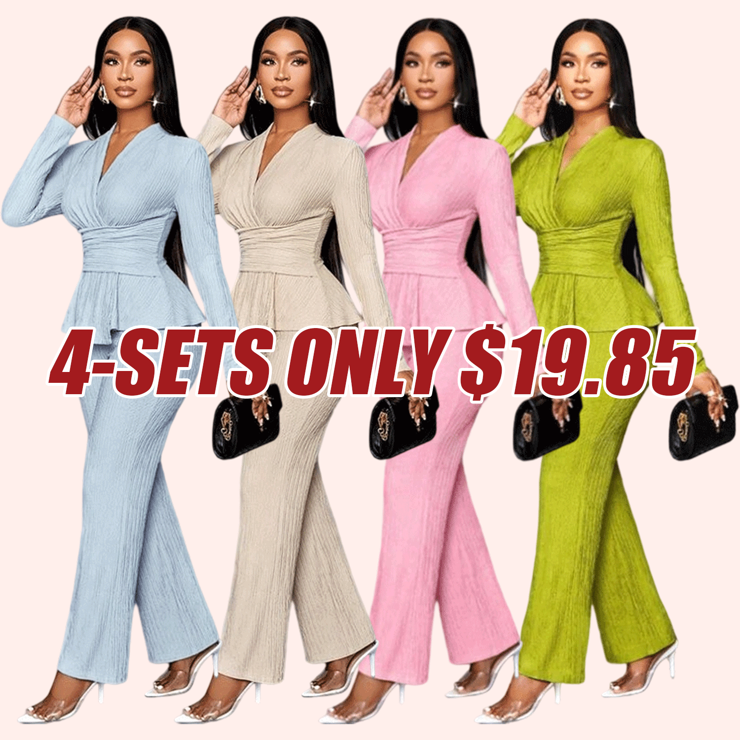 Women's Apricot Color Elegant V Neck Long Sleeve T-Shirt And Wide Leg Pants Two Piece Set 124697734