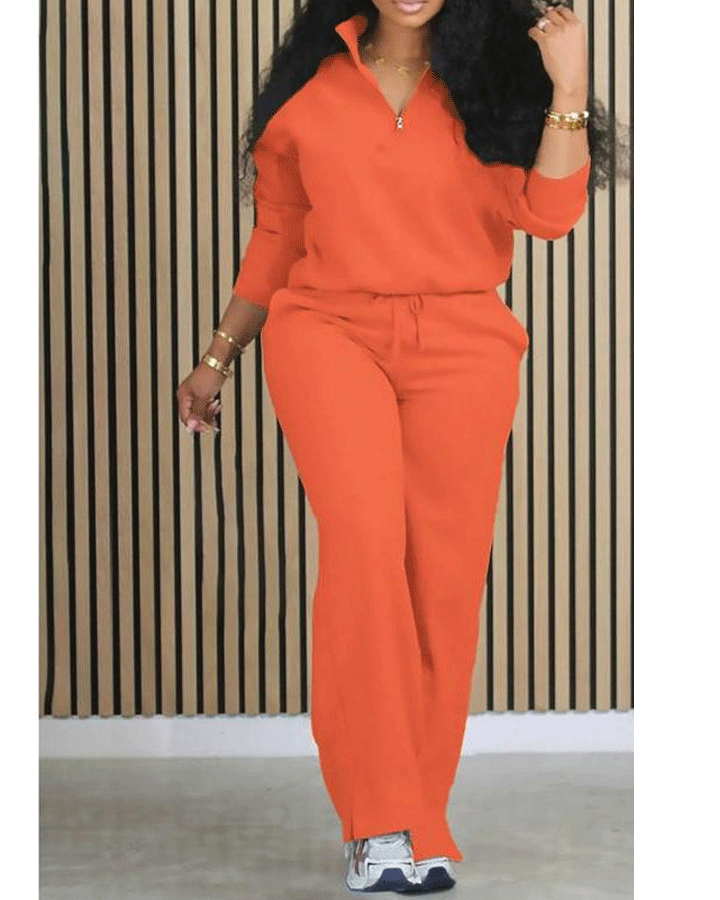 Women's Solid Half Placket Split Hem Pants Set